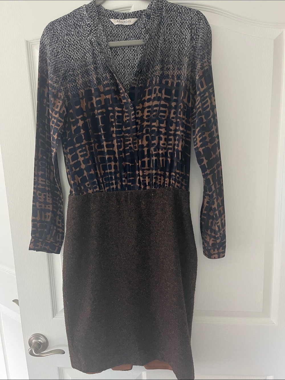 MaxMara Mixed-Pattern Long Sleeve Dress with hood, side zipper and buttons